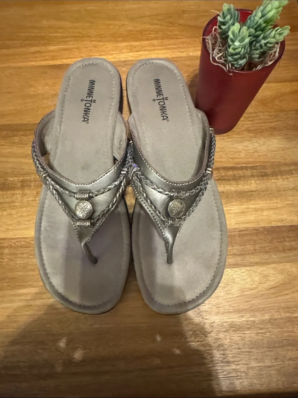 Minnetonka | Silver & Metallic Braided Sandals with Concho Accent | Size 10